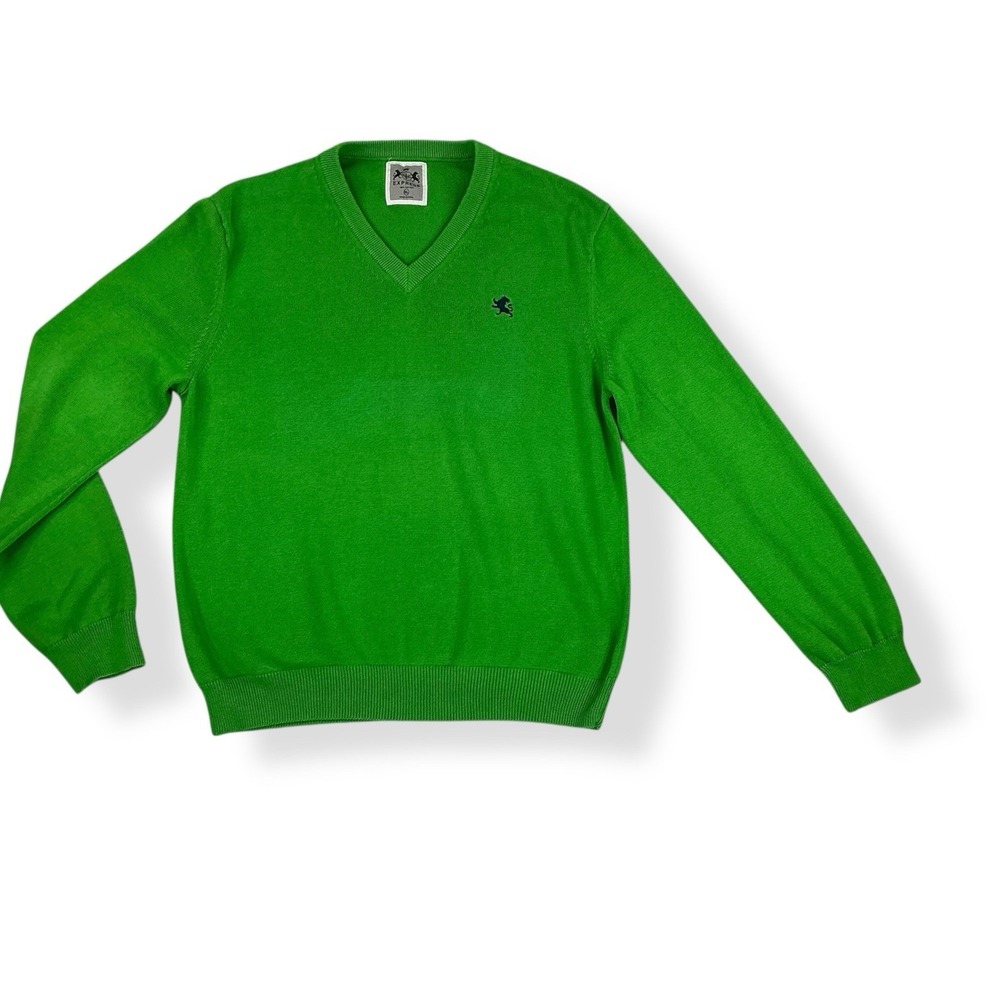 Express Sweater Men XL‎ Long Sleeve V-Neck Kelly Green Logo Cotton Y2K Vintage